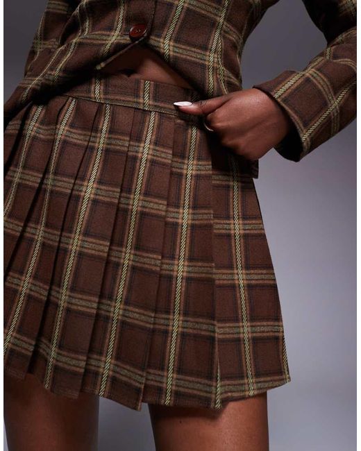 Kaiia Brown Exclusive 90s Heritage Check Pleated Mini Skirt Co-ord