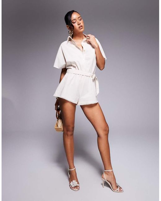 Missy Empire Purple Linen Look Button Through Tie Waist Lace Trim Playsuit