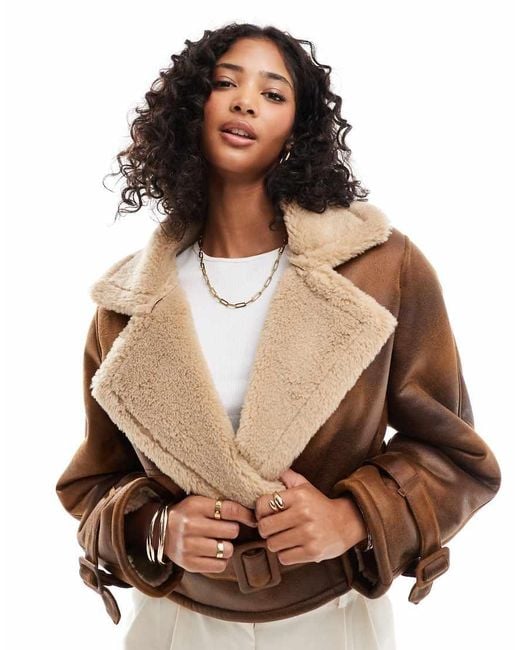 Bershka Brown Belted Suede And Shearling Jacket