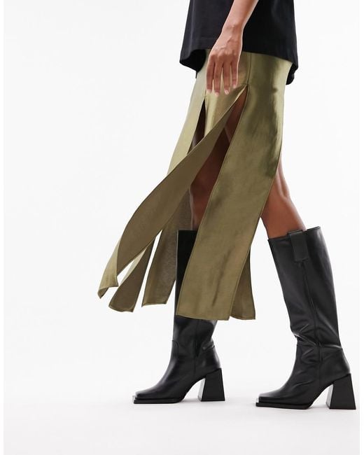 TOPSHOP Black Talia Premium Leather Square Toe Knee Boot