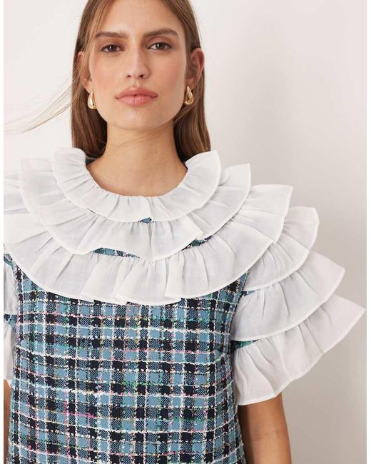 Sister Jane Blue Ruffle Top Tweed Check Mini Dress