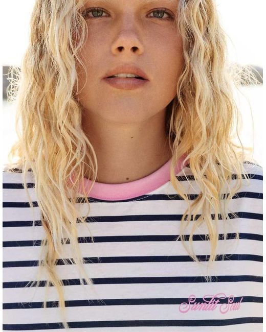 Pull&Bear Blue Striped Ribbed Text T-shirt