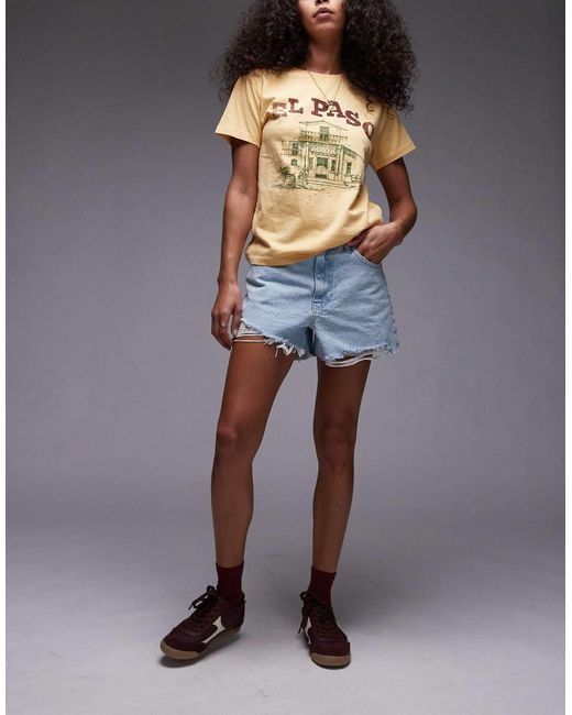TOPSHOP Blue Denim A-Line Shorts With Rip