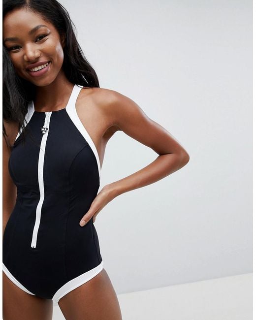 Seafolly Block High Neck Zip Front Swimsuit in Black