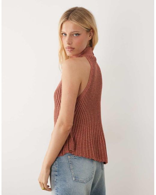 ASOS Brown Metallic Knitted Asymmetrical Halter Top