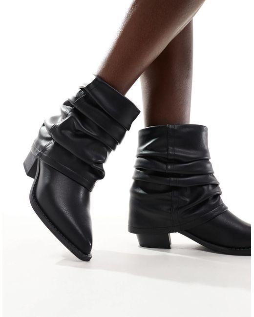 Glamorous Black Ruched Western Ankle Boots