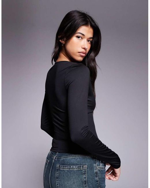 ASOS Black Double Layer Long Sleeve Deep V Neck Top
