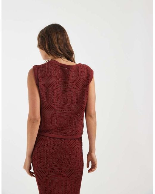 Aware Red Boatneck Patterned Crochet Vest Co-ord