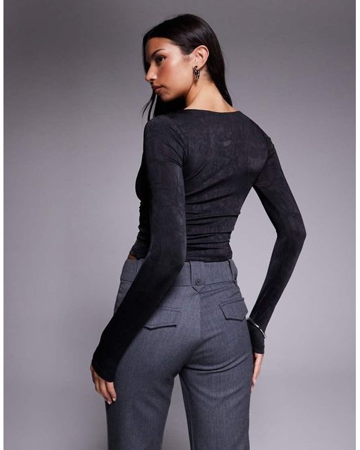 Tiger Mist Black Saffira Long Sleeve Plunge Neck Cut-out Detail Textured Top