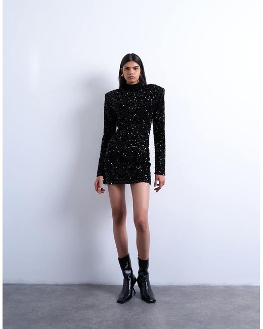 TOPSHOP White Long Sleeve Velvet Sequin Mini Dress With Shoulder Pads