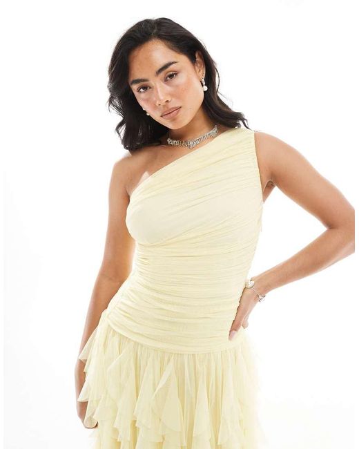 LACE & BEADS Metallic Bridesmaid One Shoulder Waterfall Ruffle Maxi Dress