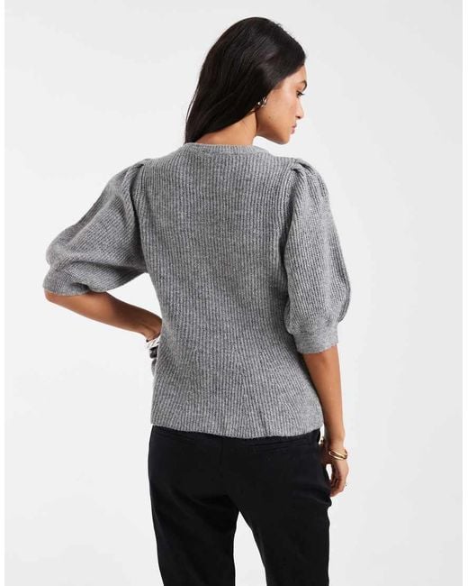 Pieces Gray Puff Sleeve Waist Detail Cardigan