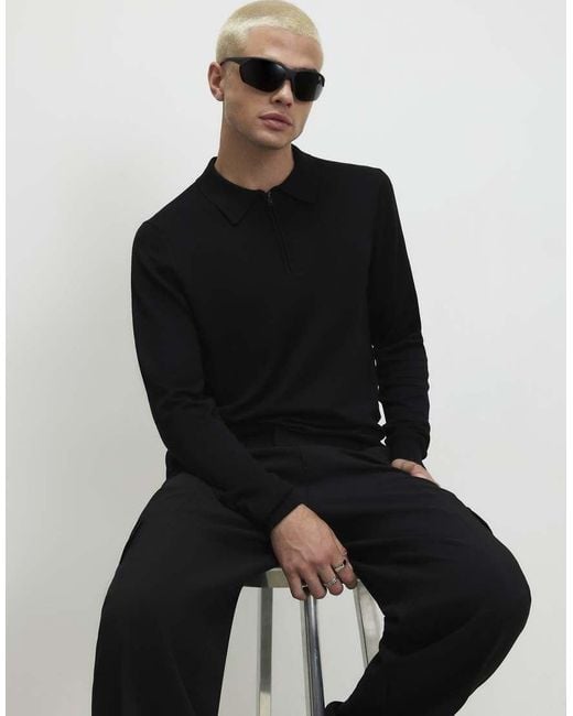 River Island Black Slim Fit Long Sleeve Polo Shirt for men