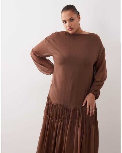ASOS Brown Asos Design Curve Slash Neck Chiffon Godet Maxi Dress