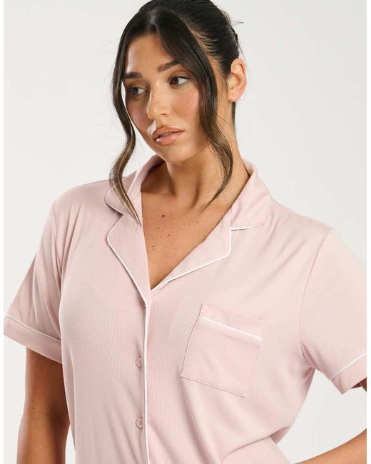 Loungeable Pink Super Soft Jersey Rib Traditional Short Sleeve Long Pyjamas