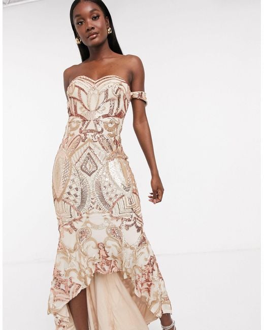 bariano high low bandeau maxi dress in metallic jacquard