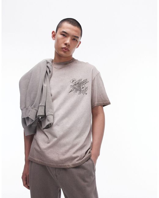 Camiseta lavado extragrande con bordado Topman de hombre de color Gray