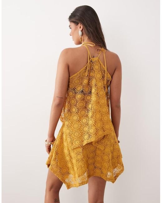 Noughts & Kisses Yellow Crochet Halterneck Scarf Top