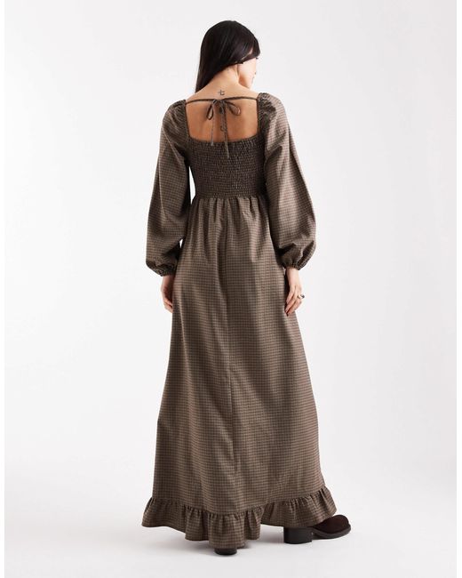 Daisy Street Long Sleeve Shirred Maxi Dress in Brown | Lyst