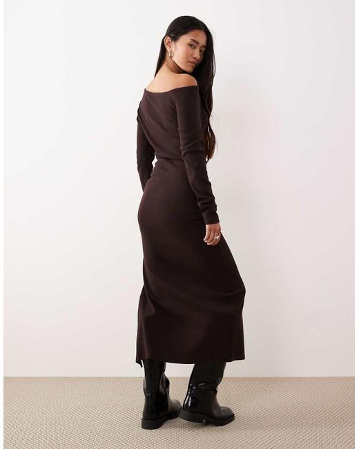 ASOS Natural Ribbed Fallen Shoulder Split Front Maxi Dress