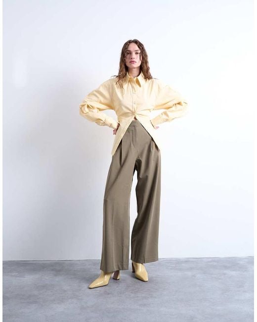 TOPSHOP Natural Premium Double Pleat Straight Leg Tailored Pants