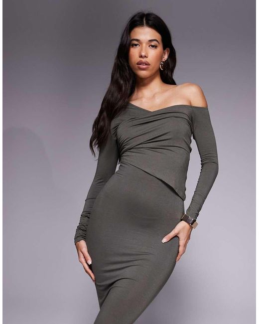 Vestito Midi Con Spalla Scesa A Doppio Strato Kaki di ASOS in Gray