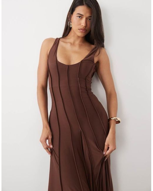 ASOS Brown Slinky Scoop Neck Maxi Dress With Exposed Seams
