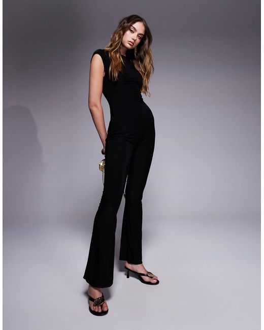 Missy Empire Blue Double Sculpted Slinky Open Back Flare Trouser Jumpsuit