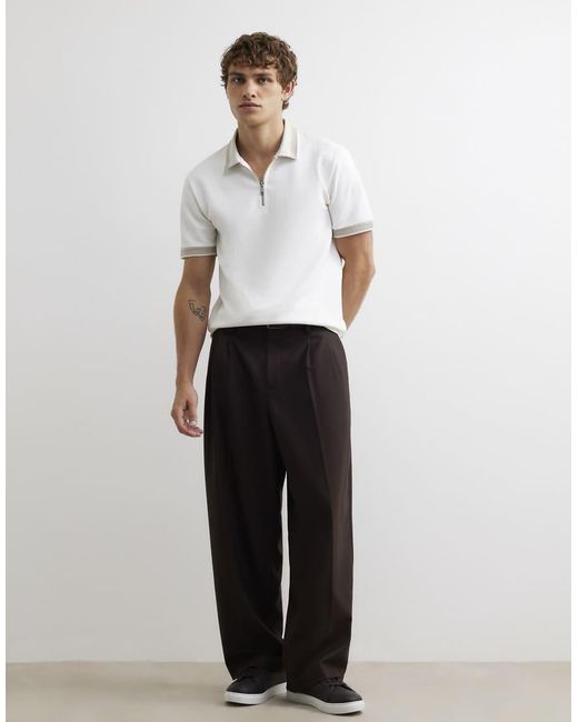 River Island White Slim Fit Zip Textured Tipped Polo Shirt for men