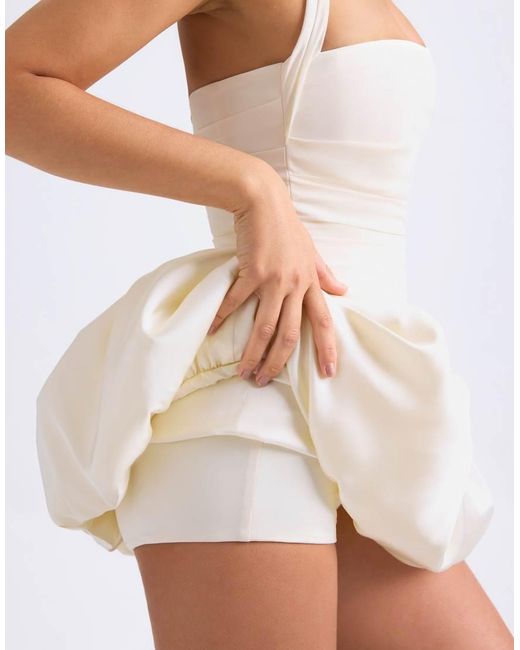 Oh Polly White Satin Halter Neck Ruched Bandeau Bubble Hem Mini Dress