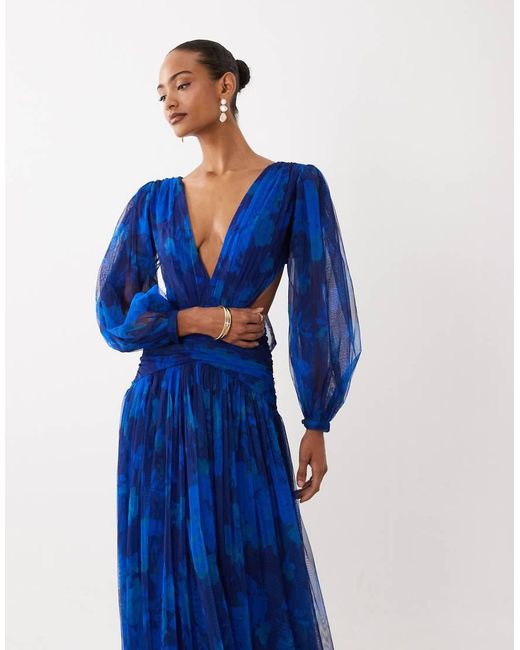 LACE & BEADS Blue Tulle Plunge Drop Hem Open Back Maxi Dress