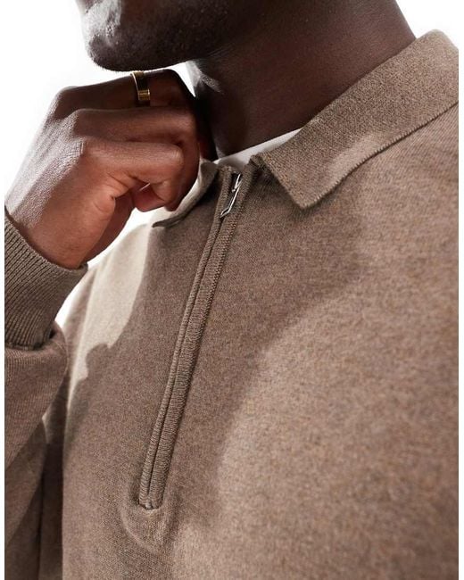 SELECTED Brown 100% Cotton Long Sleeve Half Zip Polo for men