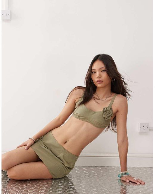 Motel Natural Rinta Corsage Detail Linen Bralet Co-Ord