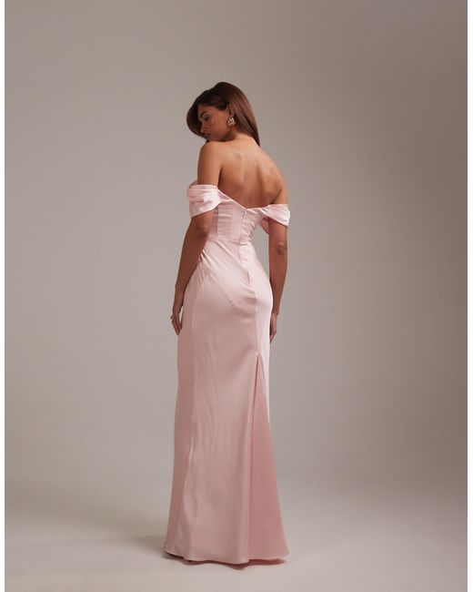 ASOS Pink Bridesmaids Bardot Satin Maxi Dress