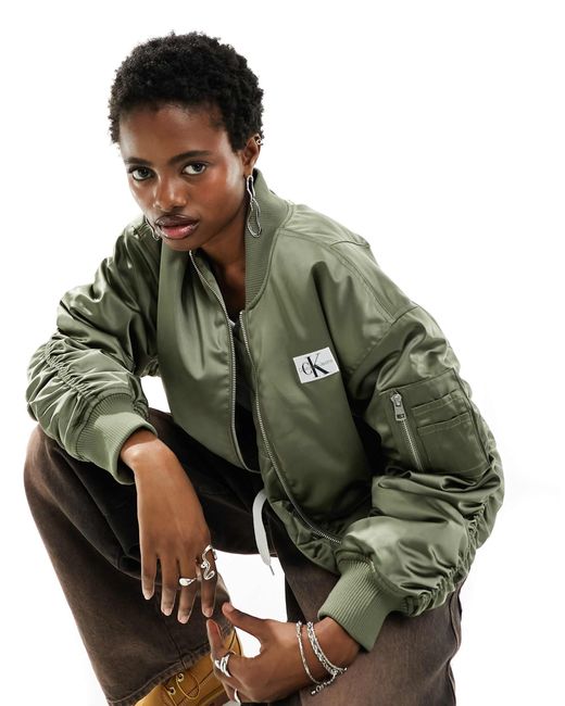 Calvin Klein Satin Badge Logo Bomber Jacket in Green Lyst Australia