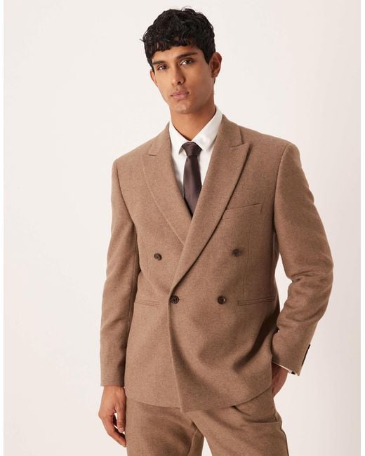 ASOS Brown Regular Double Breasted Suit Jacket With Wool for men