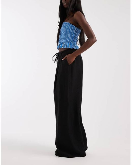 ASOS Blue Textured Wide Leg Trousers With Tie Waist