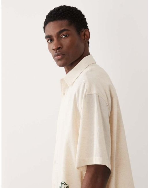 ASOS Natural Oversized Shirt With Linen And Rope Embroidery Detail for men