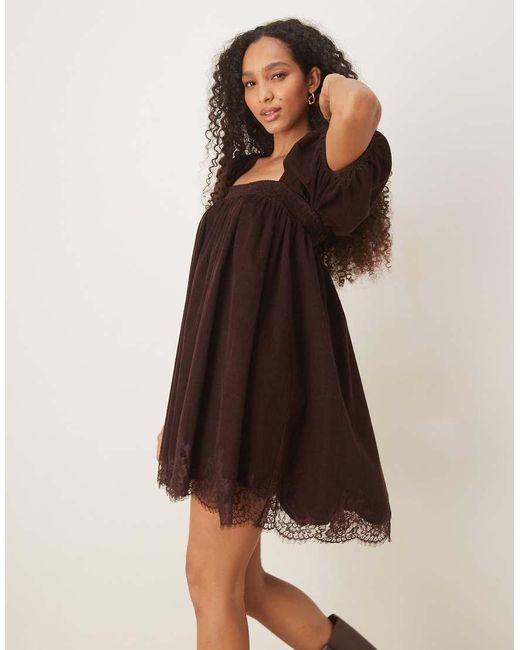 ASOS Natural Cord Square Neck Babydoll Mini Dress With Puff Sleeve And Lace Trims