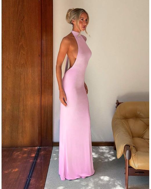 Tiger Mist Pink X Em Venz Maddy High Racer Halterneck Open Back Drape Detail Maxi Dress