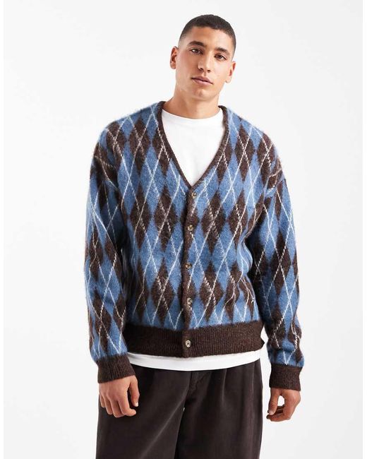 River Island Blue Brushed Argyle Cardigan for men