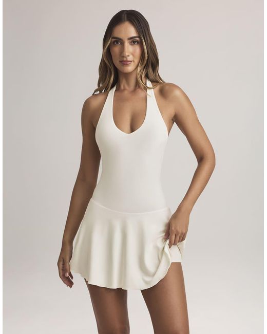 Oh Polly White Modal Blend Drop Waist Halterneck Mini Dress