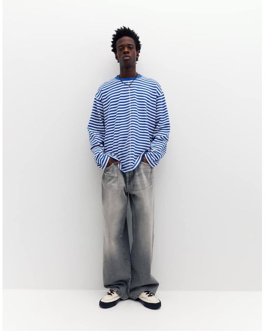 Pull&Bear Blue Long-sleeve Striped T-shirt for men