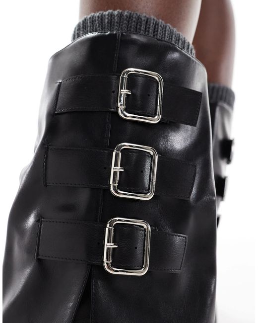 SEQWL Wide Fit Black Stella Buckle Detail Chunky Boots