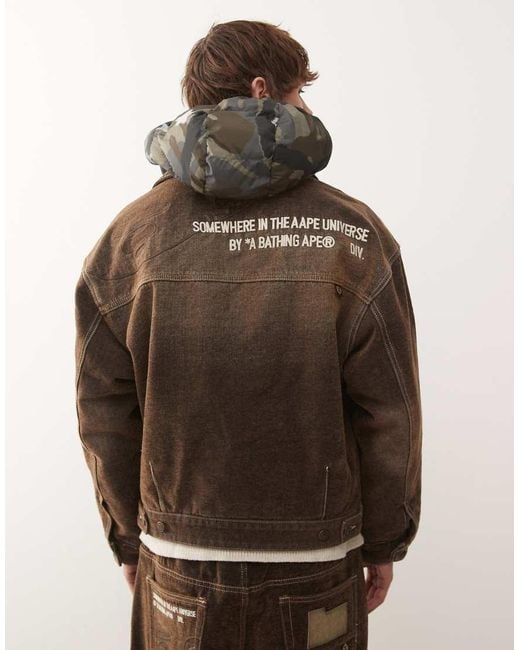 Aape By A Bathing Ape Brown Aape By A Bathing Ape Denim Jacket With Camo Padded Hood for men