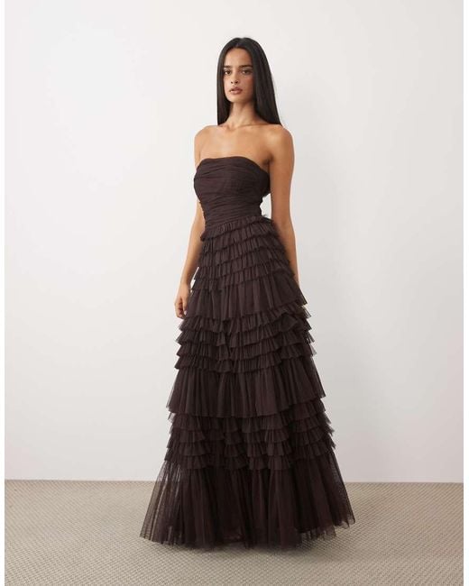 LACE & BEADS White Tulle Bandeau Tiered Maxi Dress