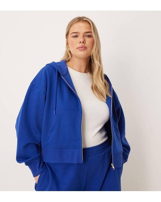 ASOS Blue Asos Design Curve Cropped Zip Through Brushback Hoodie