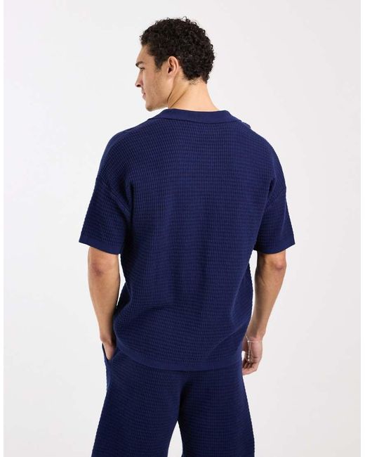 ASOS Blue Relaxed Knitted Co-ord Revere Polo Shirt for men