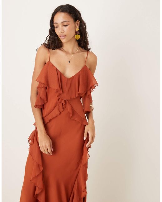 ASOS Brown Washed Satin Cami Maxi Dress With Chiffon Mix Ruffles And Full Hem