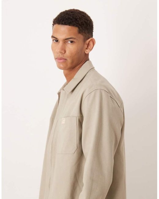 ASOS Natural Cotton Zip Through Overshirt With Chest Badge for men